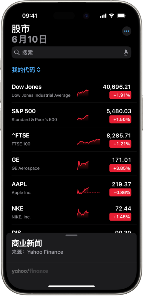 “股市” App 中的关注列表显示不同股票的列表。从左到右依次显示列表中每只股票的股票代码和名称、行情走势图、股价和股价变化。屏幕顶部“我的代码”关注列表标题上方是搜索栏。