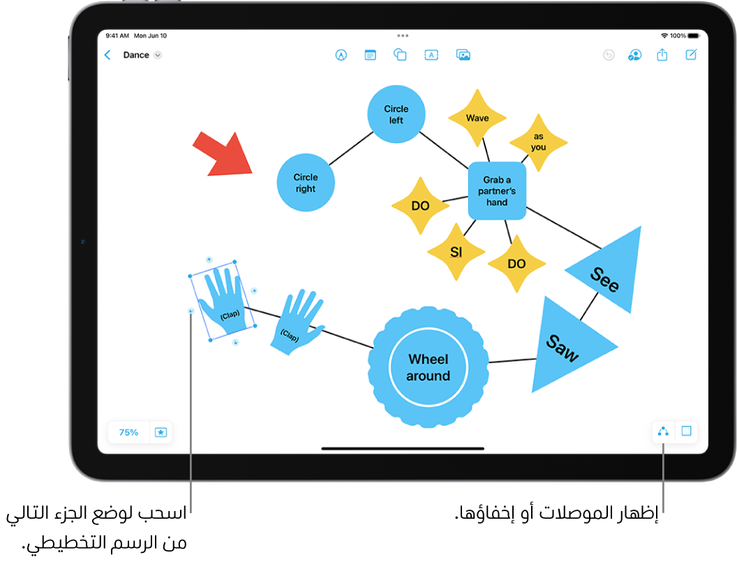 رسم تخطيطي على لوحة في تطبيق المساحة الحرة يعرض الموصلات على شكل محدد، وتظهر أدوات تنسيق الشكل أعلاه.