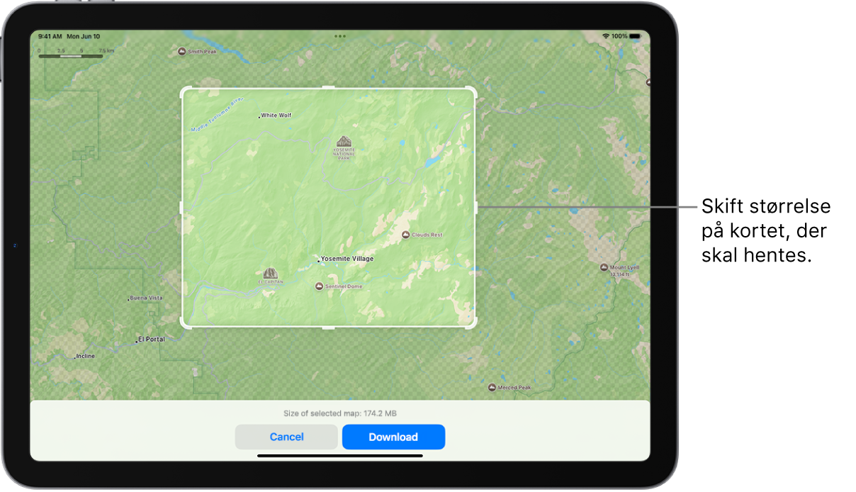 En iPad med et kort over en nationalpark. Parken er indrammet af et rektangel med håndtag, som kan flyttes for at ændre størrelsen på det kort, der skal hentes. Det valgte korts størrelse ved overførsel er angivet i bunden af kortet. Knapperne Annuller og Hent findes nederst på skærmen.