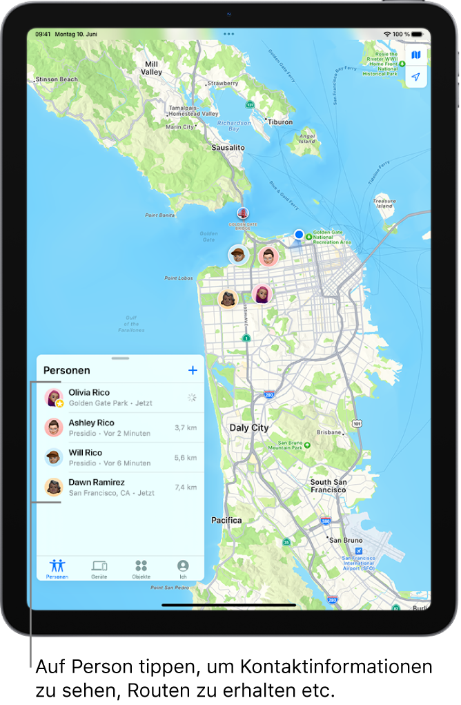 Der Bildschirm „Wo ist?“ mit geöffneter Liste „Personen“. Vier Personen sind aufgelistet: Anne Riemann, Olivia Riemann, Dörte Ramirez und Willi Riemann. Ihre Standorte werden auf einer Karte von San Francisco angezeigt.