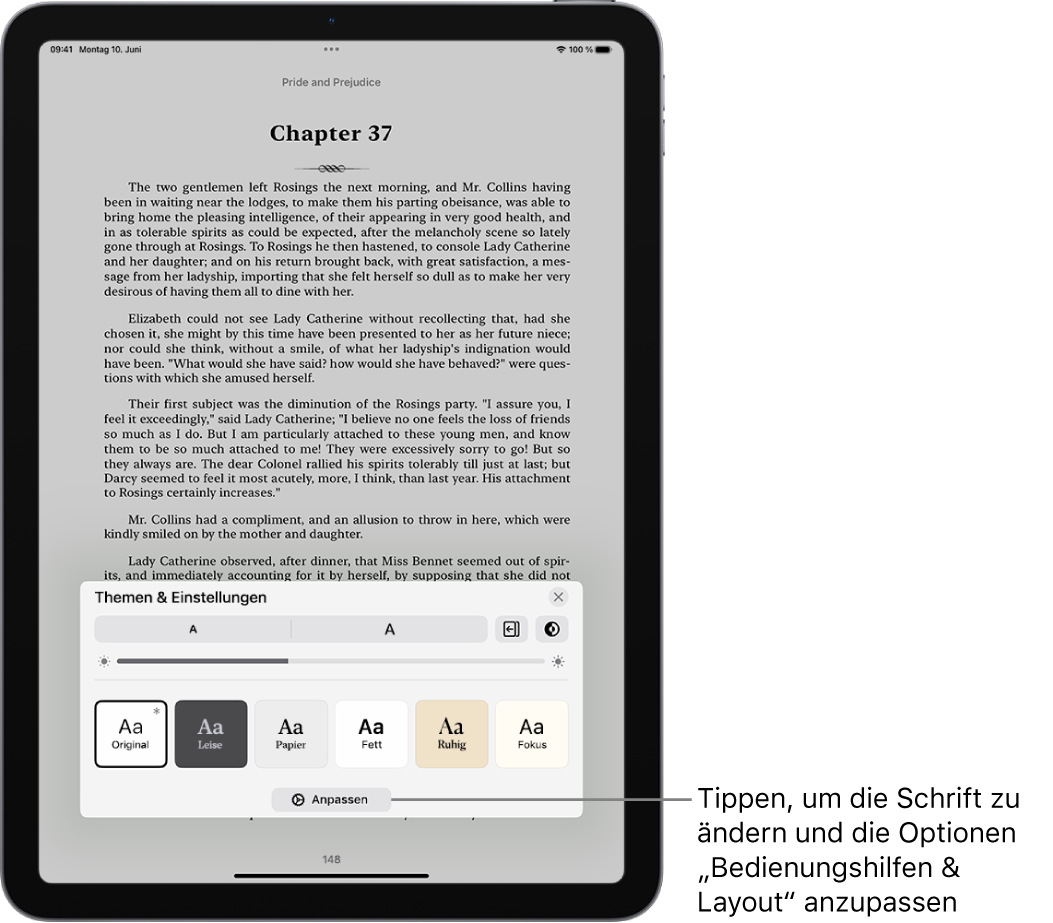 Eine Buchseite in der App „Bücher“. Die Optionen „Themen & Einstellungen“ mit Steuerelementen für Schriftgröße, Scrollansicht, Stil zum Umblättern, Helligkeit sowie Schriftoptionen.