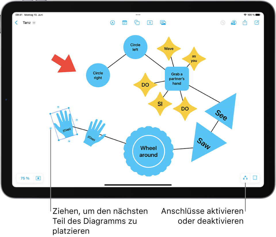 Ein Diagramm auf einem Freeform-Board mit Verbindungselementen auf einer ausgewählten Form und den Formatierungswerkzeugen für Formen darüber.