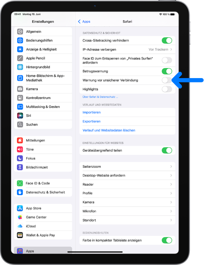 Das Steuerelement „Warnung vor unsicherer Verbindung“ befindet sich unter „Datenschutz & Sicherheit“ im Bildschirm „Safari“ in „Einstellungen“.