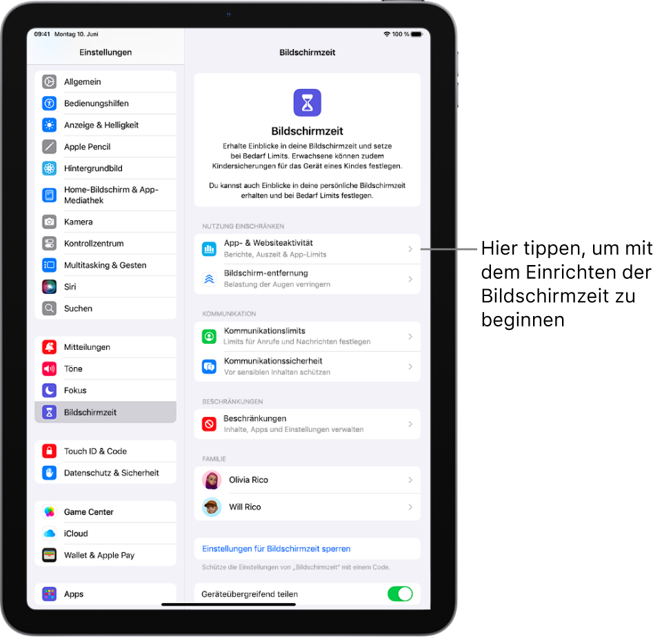 Der Bildschirm für die Einrichtung der Bildschirmzeit zeigt, dass zum Beginnen auf die Taste „App- & Websiteaktivität“ getippt werden muss.