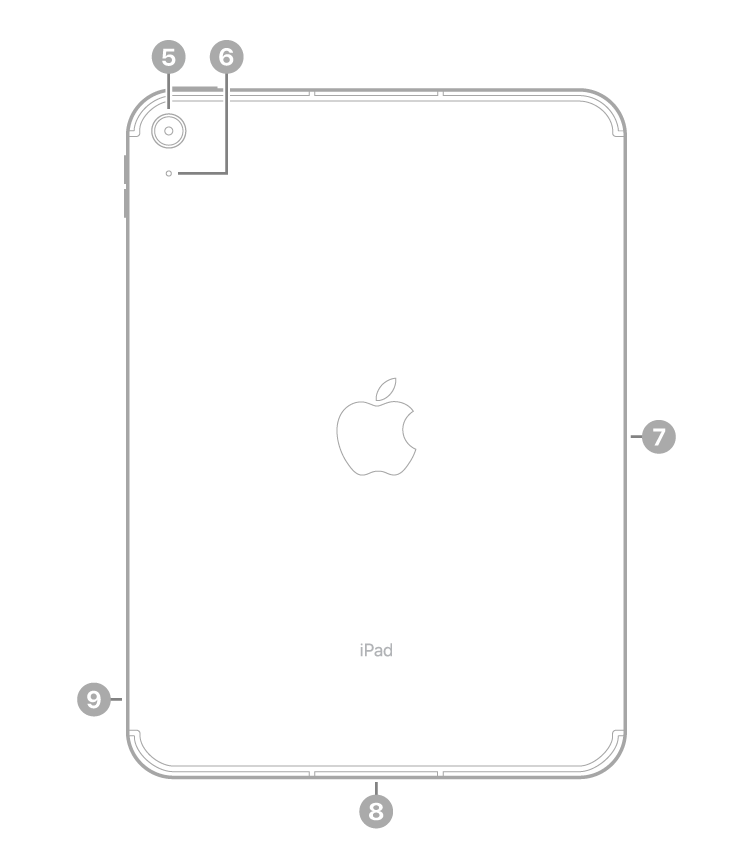 Die Rückansicht des iPad mit Hinweisen auf die rückseitige Kamera oben links, den Smart Connector auf der rechten Seite, den USB-C Anschluss unten in der Mitte und das SIM-Fach (Wi-Fi + Cellular-Modelle) unten links.