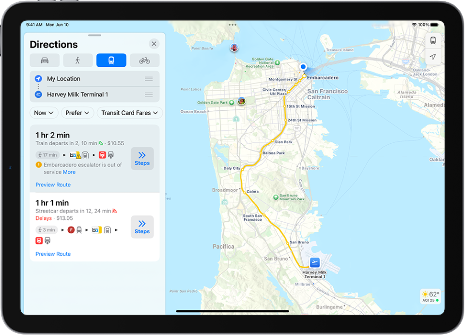 A map showing a transit route. A route card on the left shows Go buttons for several options for the route.