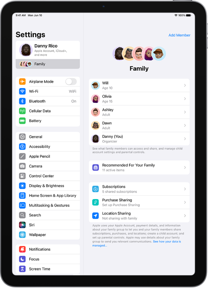 The Family screen in Settings. Up to five family members are listed above the features that are shared.