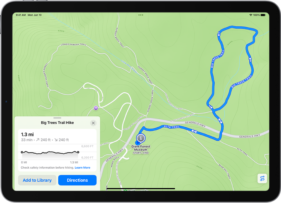 An overview of a downloadable hike, with distance, elevation profile, estimated time, and options to save or get directions to the start of the hike.