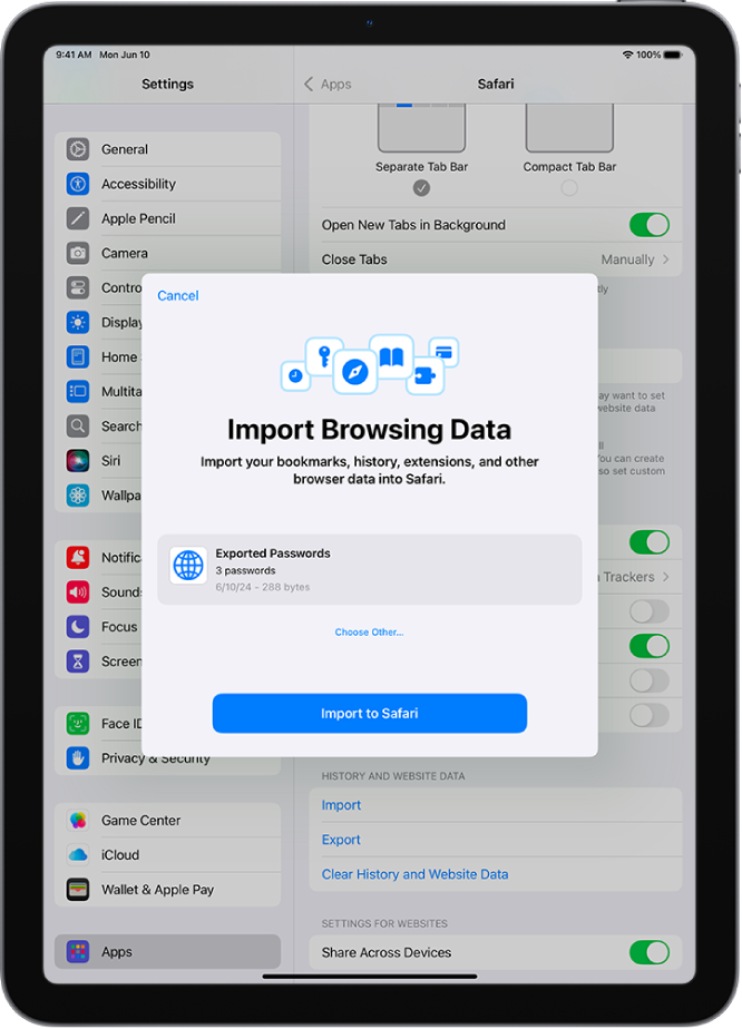 The Import Browsing Data screen, showing the CSV file of passwords from another password manager to be imported.