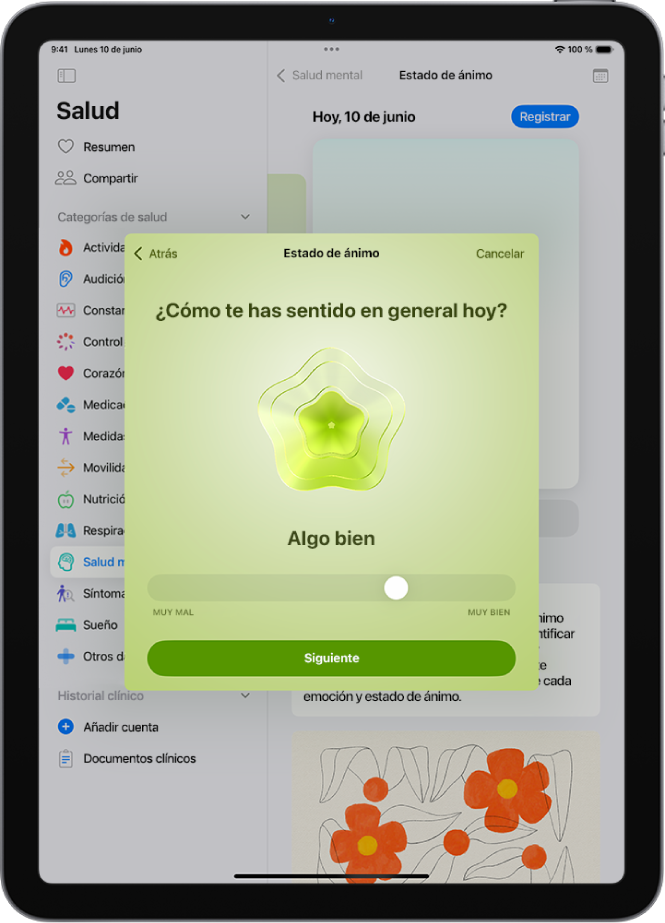 Pantalla en la app Salud donde se identifica el estado de ánimo actual como “Algo bien”. En la parte inferior de la pantalla hay un regulador para ajustar el nivel de la emoción.