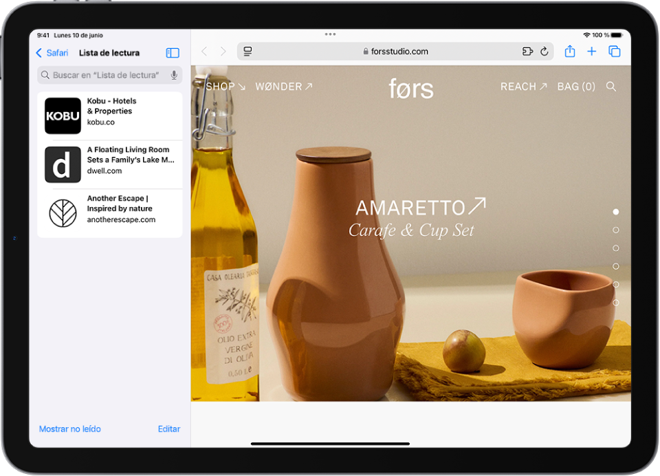 En la app Safari, la lista de lectura está abierta en la barra lateral de la izquierda y muestra una lista de sitios web guardados en la lista de lectura.