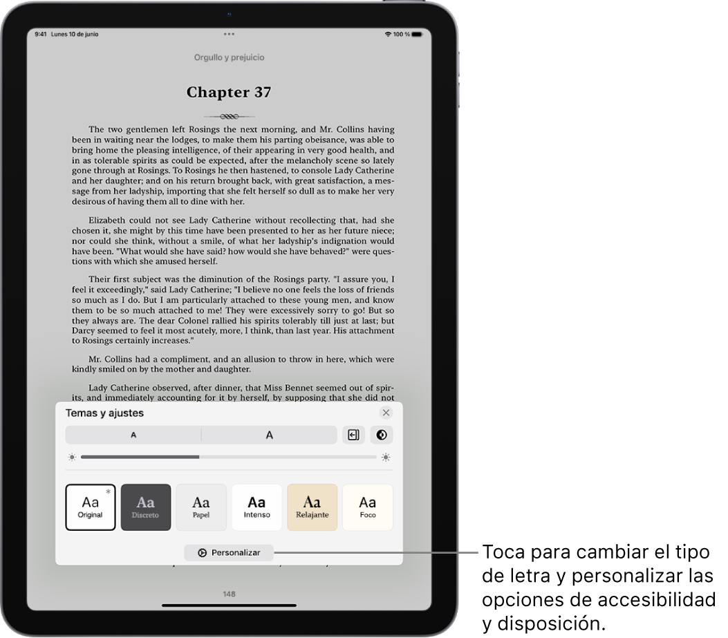 Página de un libro en la app Libros. Las opciones de temas y ajustes con los controles de tamaño de la letra, la vista del desplazamiento, el estilo al pasar de página, el brillo y los estilos del tipo de letra.