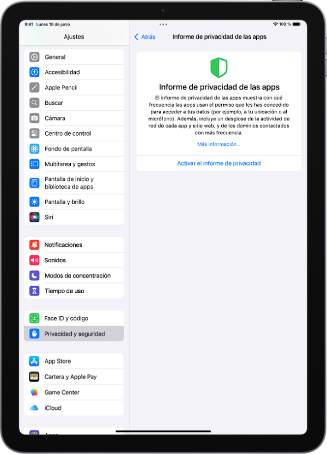 La pantalla “Informe de privacidad de las apps”, donde puedes activar un informe que muestra muestre con qué frecuencia las apps usan los permisos que les has concedido, además de su actividad en la red.