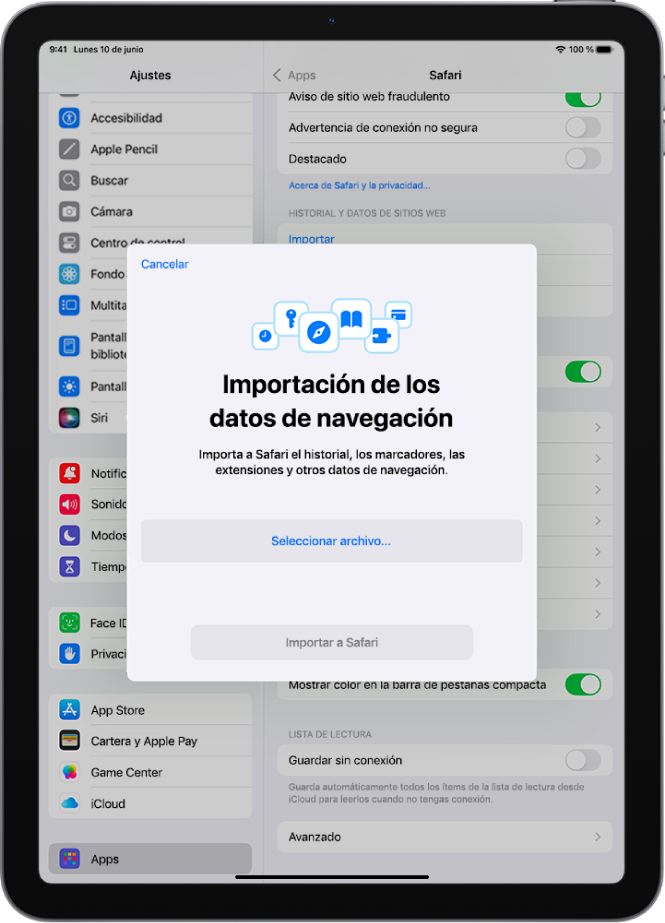 Pantalla “Importación de los datos de navegación” con los datos de otro navegador que se van a importar a la app Safari.