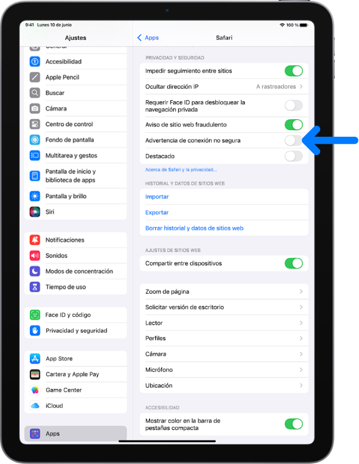 Control “Advertencia de conexión no segura”, situado debajo de “Privacidad y seguridad” en la pantalla Safari de la app Ajustes.