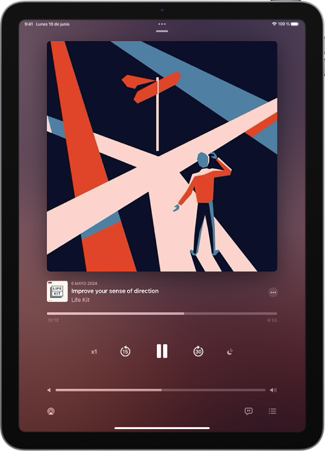 Pantalla “En reproducción” en la app Podcasts con la ilustración del podcast, el título del episodio, los controles de reproducción y el regulador de volumen. En la parte inferior de la pantalla está el icono de AirPlay y el botón “A continuación”.