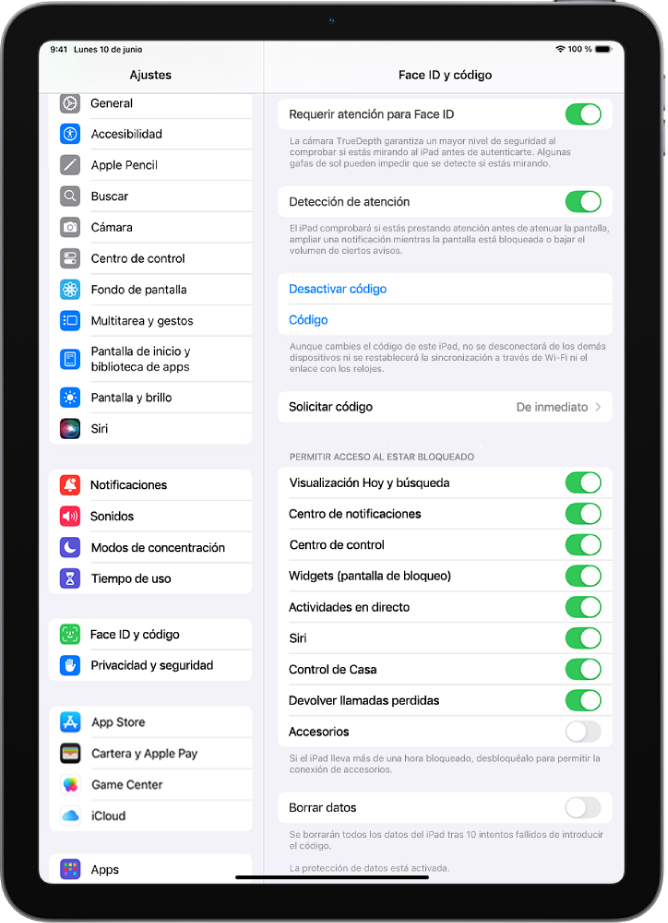 Los ajustes de “Touch ID y código”, con opciones para permitir el acceso a determinadas funciones cuando el iPad está bloqueado.