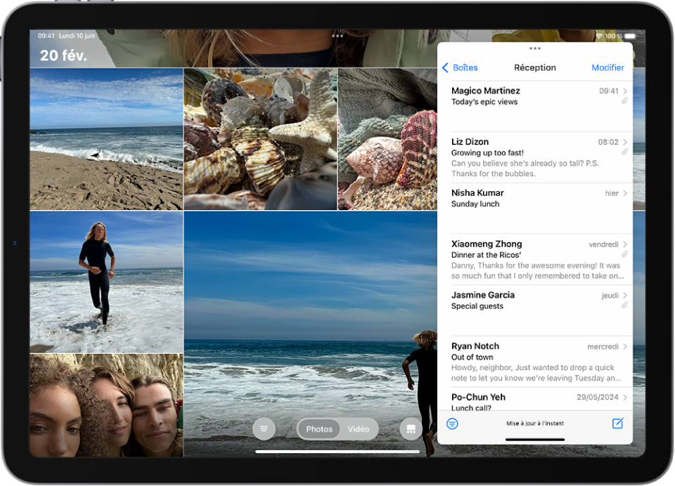 L’app Photos remplit l’écran. Messages est ouvert dans une fenêtre Slide Over située à droite de l’écran.