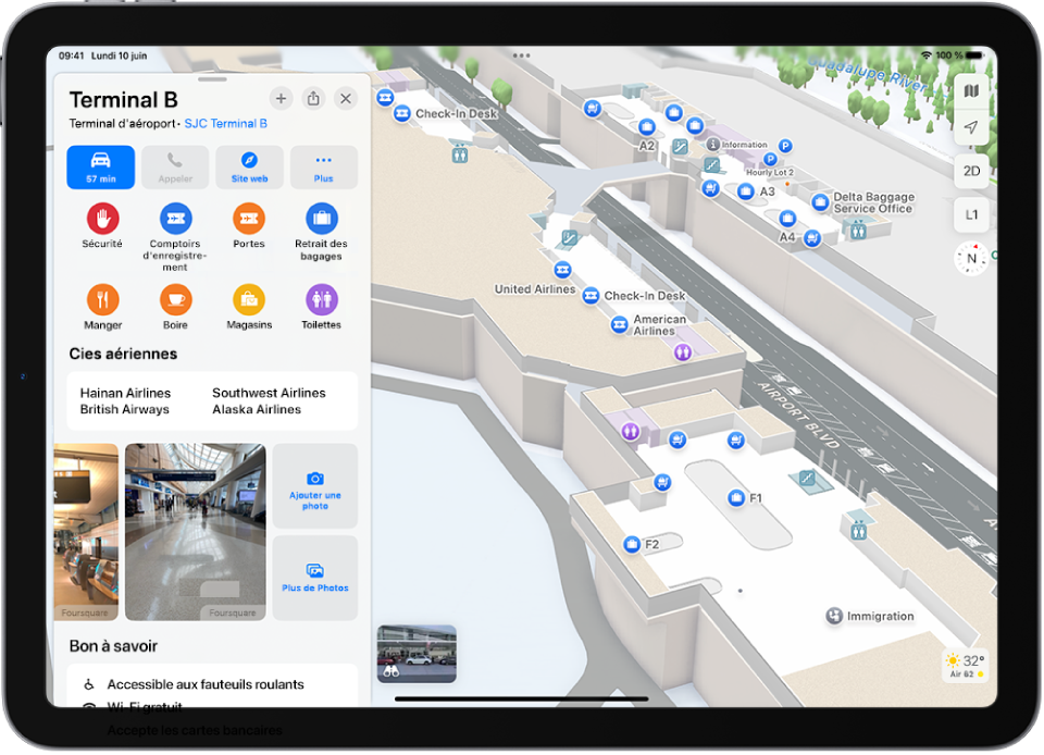 Plan intérieur d’un terminal d’aéroport. Le plan montre une porte, des toilettes, un poste de contrôle de sécurité et les premiers secours. Sur les plans comportant plusieurs étages, le bouton N2 (pour Niveau 2) permet de basculer entre les différents plans d’étage.