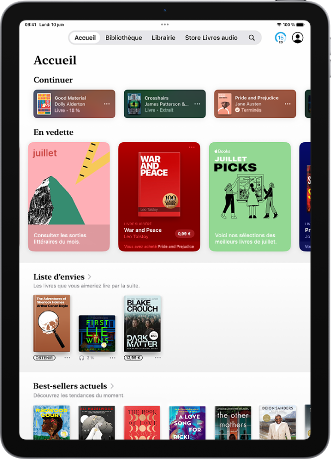 L’écran Accueil dans l’app Livres, affichant les sections En cours, Récents et Liste d’envies.