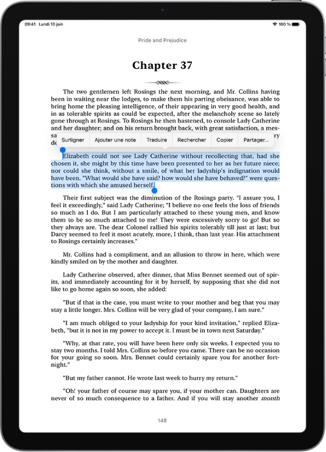 Une page d’un livre dans l’app Livres. Une partie du texte de la page est sélectionnée. Les boutons Surligner, Ajouter une note, Traduire, Rechercher, Copier et Partager se trouvent au-dessus du texte sélectionné.