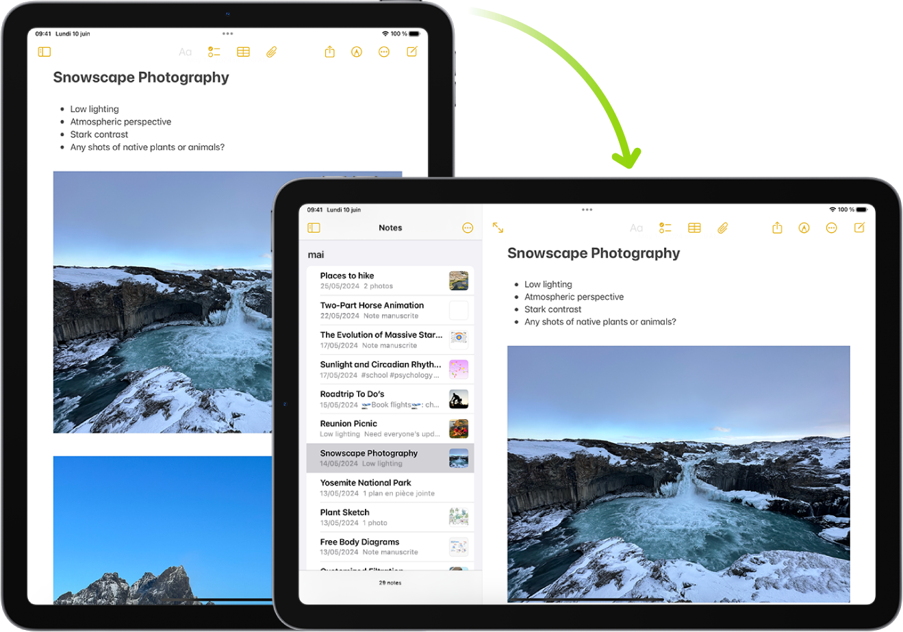 En arrière-plan, l’iPad présente un écran Notes en mode portrait ; au premier plan, l’iPad est tourné et affiche l’écran Notes en mode paysage.