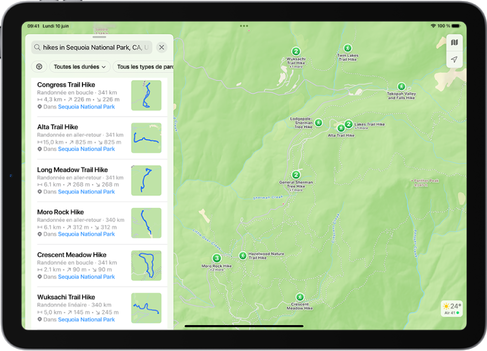 L’app Plans affichant des résultats pour une recherche de randonnées dans un parc national.