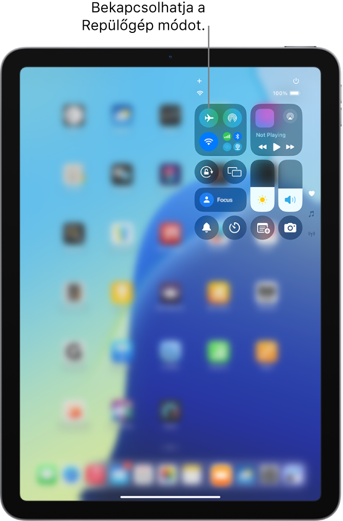 A Vezérlőközpont képernyője, amelyen az látható, hogy a bal felső gombra való koppintáskor a Repülőgép mód bekapcsol.