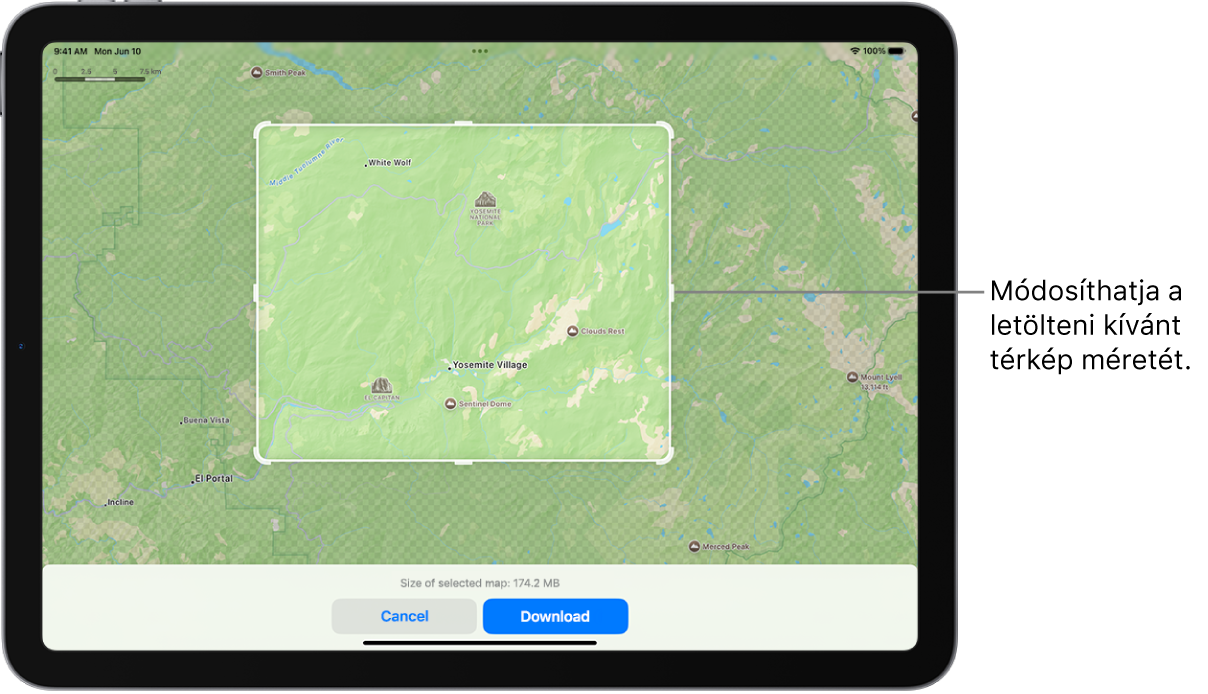 Az iPad egy nemzeti park térképével. A parkot egy fogantyúkkal rendelkező négyszög veszi körbe, amelyet mozgatva megváltoztatható a letölthető térkép mérete. A kiválasztott térkép letöltési mérete a térkép aljának közelében látható. A Mégsem és a Letöltés gomb a képernyő alján láthatók.