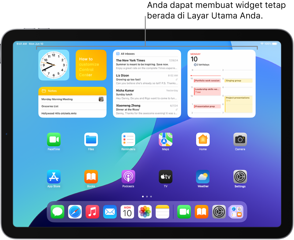 Layar Utama iPad. Di bagian atas layar terdapat widget yang disesuaikan untuk Cuaca, Musik, Foto, Pengingat, dan Rumah.