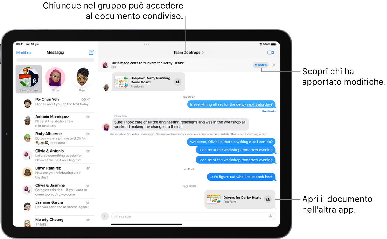 Una conversazione di gruppo in Messaggi che include un invito a collaborare e aggiornamenti nella parte superiore della finestra della conversazione.