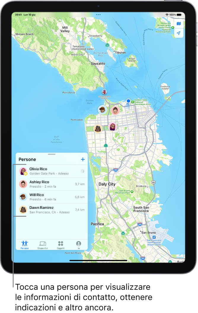 La schermata di Dov’è aperta sull’elenco Persone. Nell’elenco sono visibili quattro persone: Alice Ricci, Olivia Ricci, Daria Riccardi e Guglielmo Ricci. Le loro posizioni sono mostrate su una mappa di San Francisco.