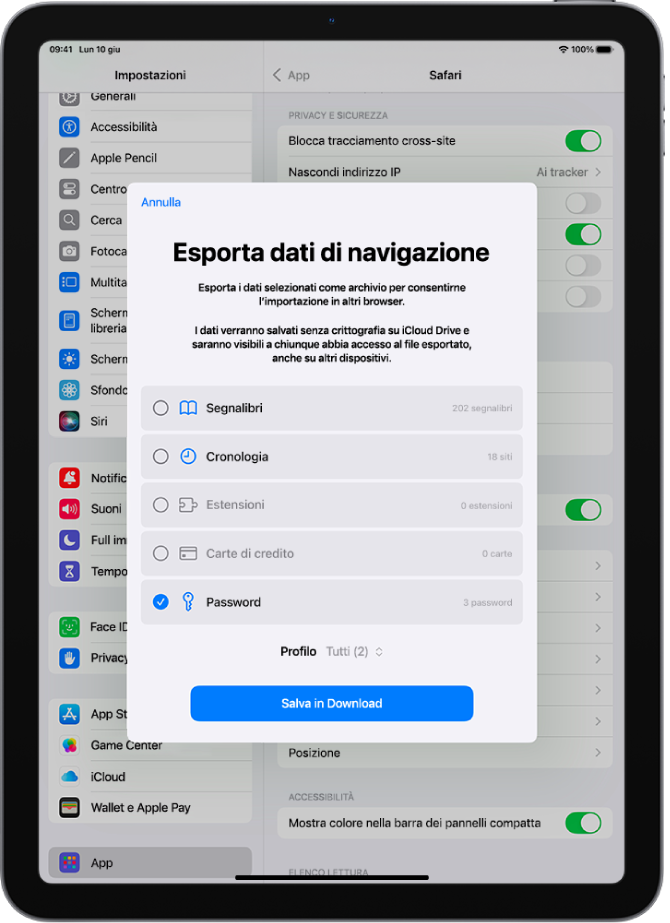 La schermata di esportazione dei dati di navigazione, con l’opzione Password selezionata per eseguire l’esportazione verso un altro gestore di password.