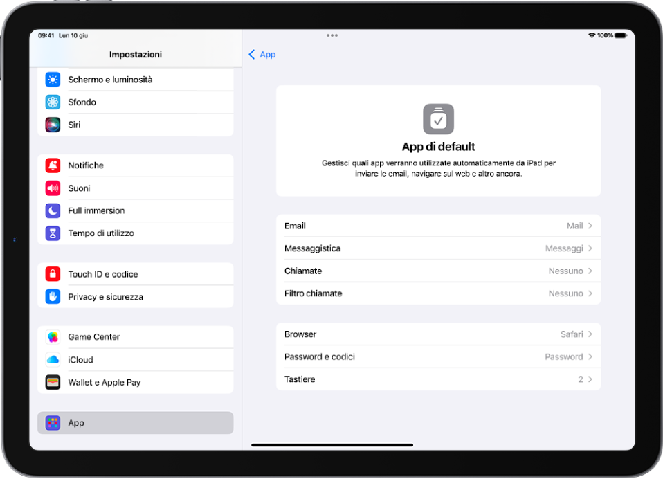 La schermata per modificare le app di default per inviare email, navigare sul web e altro ancora.