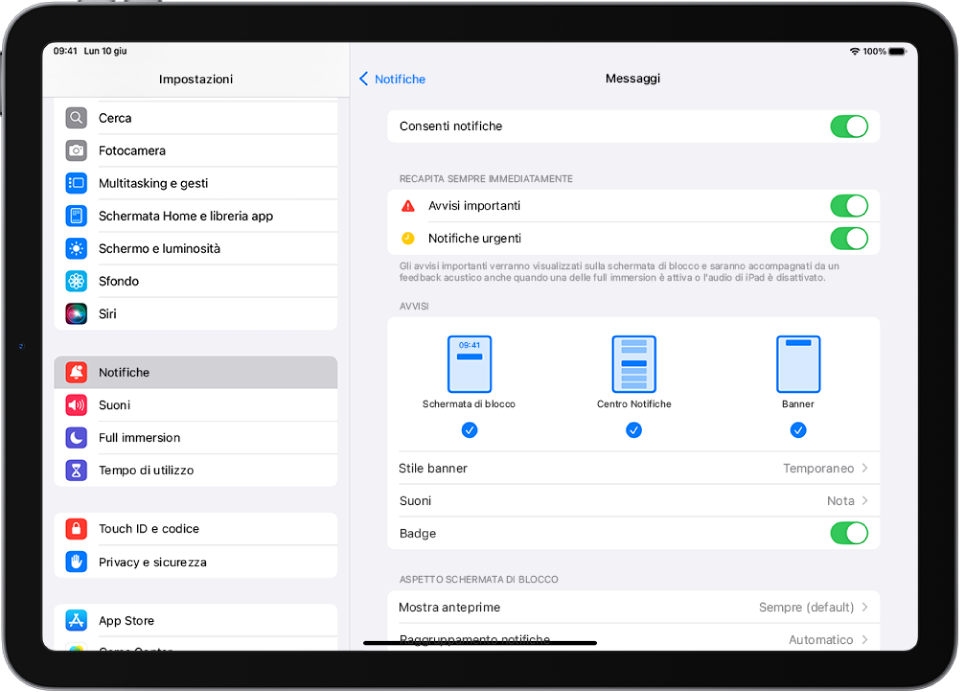 iPad con le impostazioni di Messaggi per le notifiche e gli avvisi.