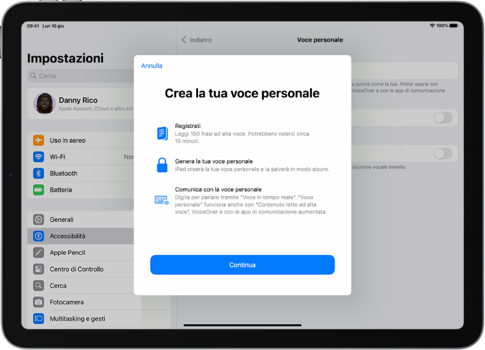 iPad che mostra informazioni su come creare una voce personale.