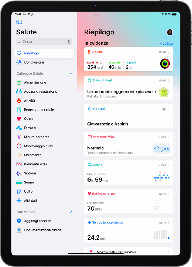 La schermata Riepilogo di Salute. Sotto ai contenuti in evidenza, sono presenti le informazioni sull’attività, sugli stati d’animo, sui parametri vitali, sul sonno, sulla frequenza cardiaca e sul tempo trascorso in luce diurna.