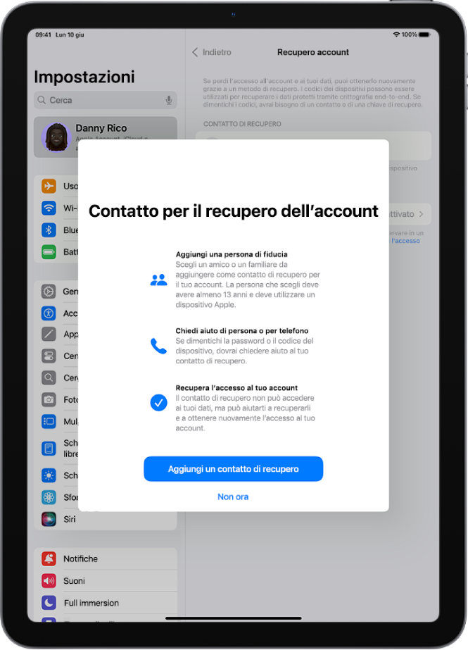 La schermata “Contatto per il recupero dell’account” con le informazioni sulla funzionalità. Il pulsante “Aggiungi un contatto di recupero” si trova nella parte inferiore della schermata