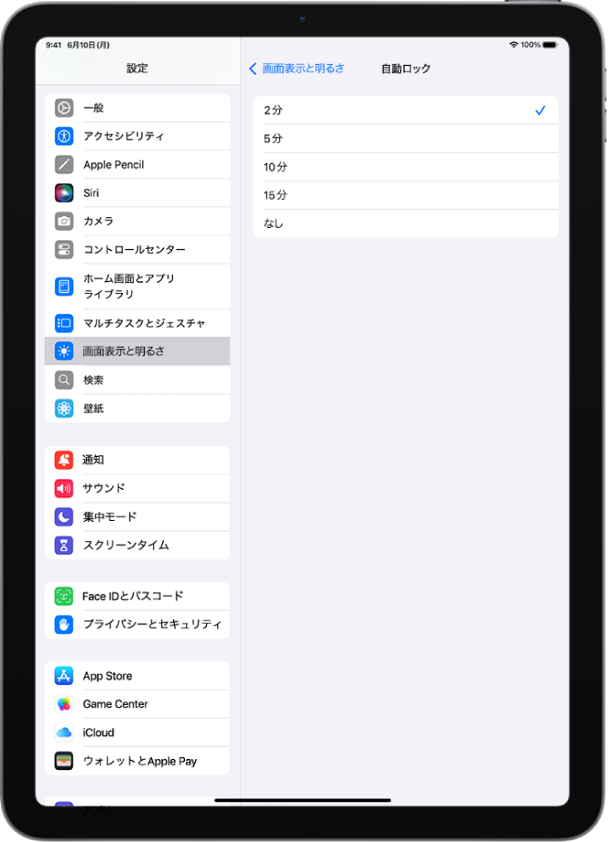 「自動ロック」画面。iPadが自動的にロックされるまでの時間の設定が表示されています。