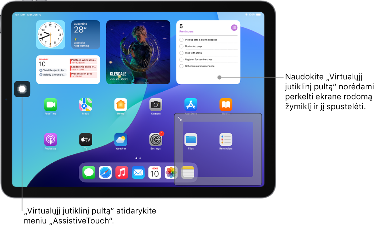 „iPad“ įrenginys, kurio ekrano kampe matomas virtualus jutiklinis pultas. Taip pat ekrane matomas „AssistiveTouch“ meniu (kuris yra naudojamas jutikliniam pultui atidaryti) ir žymeklis (kuris yra valdomas jutikliniu pultu).