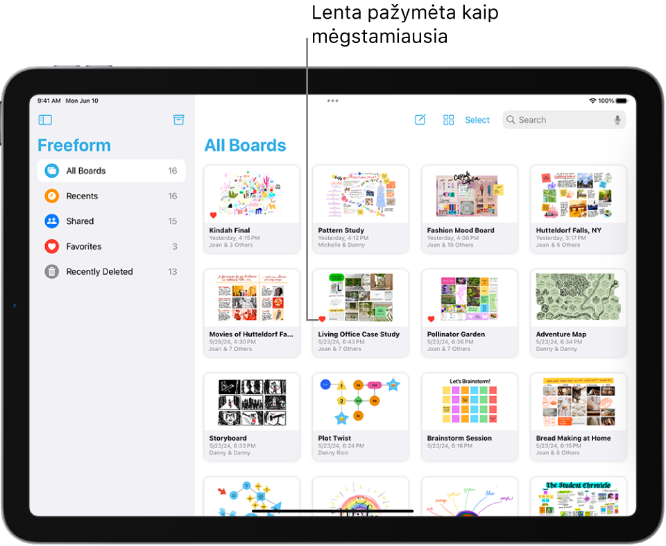 Įrenginyje „iPad“ atidaryta programa „Freeform“. Šoninėje juostoje pasirinkta parinktis „Visos lentos“, o dešinėje rodomos lentų miniatiūros.