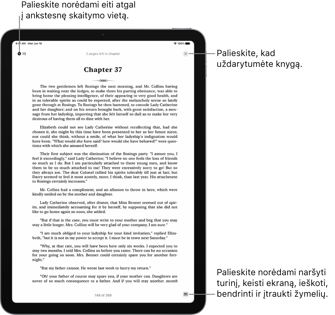 Programos „Knygos“ puslapis. Ekrano viršuje yra mygtukai, skirti grįžti į puslapį, nuo kurio pradėjote skaityti, ir užversti knygą. Ekrano apačioje dešinėje rodomas mygtukas „Meniu“.