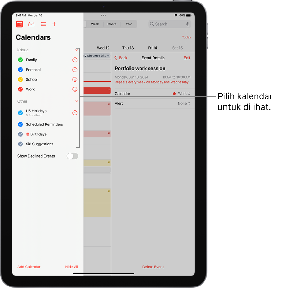 Senarai Kalendar dengan tanda semak menunjukkan kalendar yang aktif. Butang Selesai untuk menutup senarai berada di penjuru kanan atas. Butang Tambah Kalendar berada di penjuru kiri bawah.