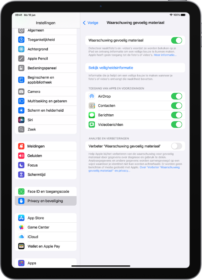 De instellingen voor 'Waarschuwing gevoelig materiaal', met een link getiteld 'Bekijk veiligheidsinformatie' en een knop 'Verbeter 'Waarschuwing gevoelig materiaal'' om analytische en gebruiksgegevens te delen met Apple.