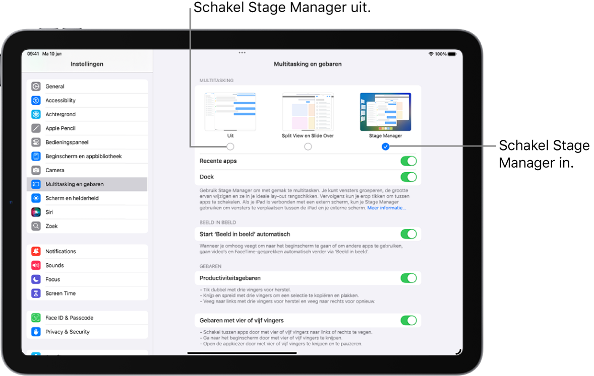 Het Instellingen-scherm waar je Stage Manager kunt in- of uitschakelen.