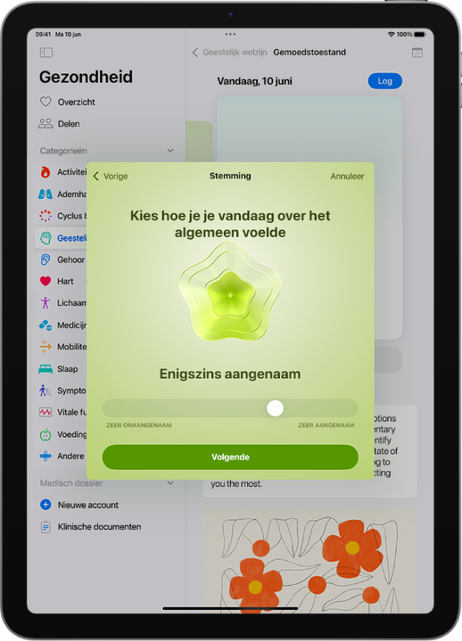 Een scherm in de Gezondheid-app waarin de huidige stemming als 'Enigszins aangenaam' wordt aangeduid. Onder in het scherm is een schuifknop om de sterkte van de emotie aan te passen.