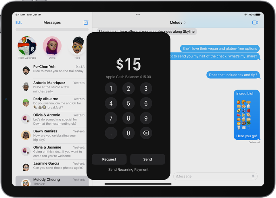 En iMessage-samtale med Apple Pay åpen nederst.