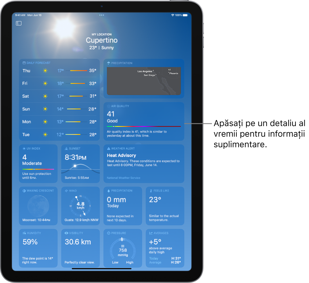 Ecranul aplicației Vremea afișând localizarea în partea de sus și, sub aceasta, temperatura și condițiile meteo curente. Restul ecranului conține detalii meteo precum prognoza pe zece zile, o hartă a precipitațiilor, poziția lunii, direcția și viteza vântului, indicele UV, ora la care apune soarele, temperatura resimțintă și perspectiva precipitațiilor.