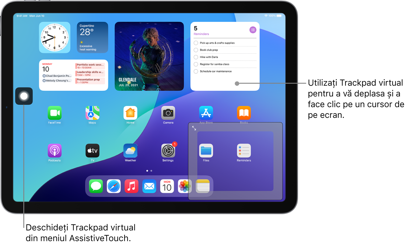 Un iPad cu un trackpad virtual afișat în colțul ecranului. Pe ecran se află și meniul AssistiveTouch (care este utilizat pentru a deschide trackpadul) și cursorul (care este controlat de trackpad).