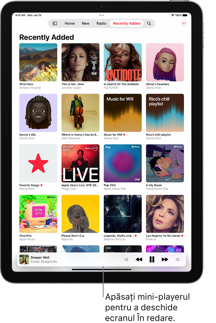 Ecranul Bibliotecă - Adăugate recent, afișând mini-playerul în partea de jos. Mini-playerul afișează titlul melodiei în curs de redare. Butoanele Pauză și Pista următoare se află în dreapta titlului melodiei.